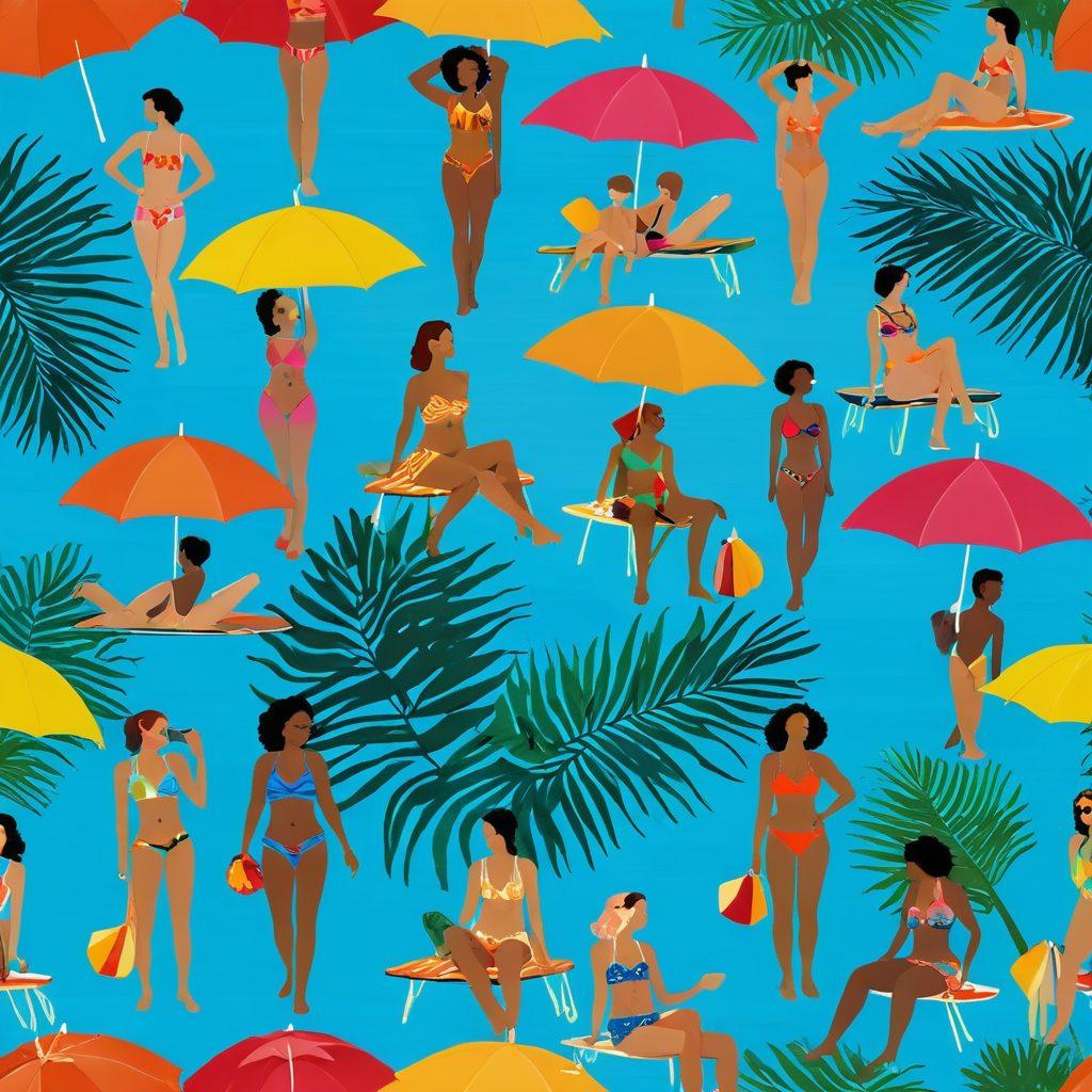 A lively beach scene featuring a diverse group of individuals trying on colorful bathing suits under the bright summer sun. Incorporate vibrant umbrellas, sun loungers, and palm trees to evoke a tropical vibe. Showcase different body types and styles of swimsuits to emphasize inclusivity and personal choice. The background should be a sparkling blue ocean with waves gently lapping at the shore. vibrant colors. super-realistic.